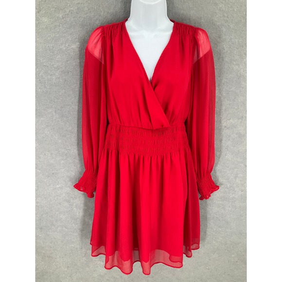 LOFT Red Dress Long Sleeve Sheer Overlay V Neck Smocked Waist Petites XS Party - Picture 1 of 12